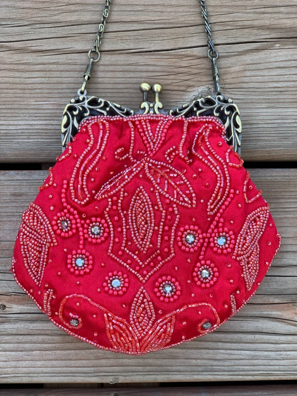 Vintage Y2K Beaded Red Evening Bag Handbag Purse Gold Chain Prom Wedding Gala - Picture 3 of 12